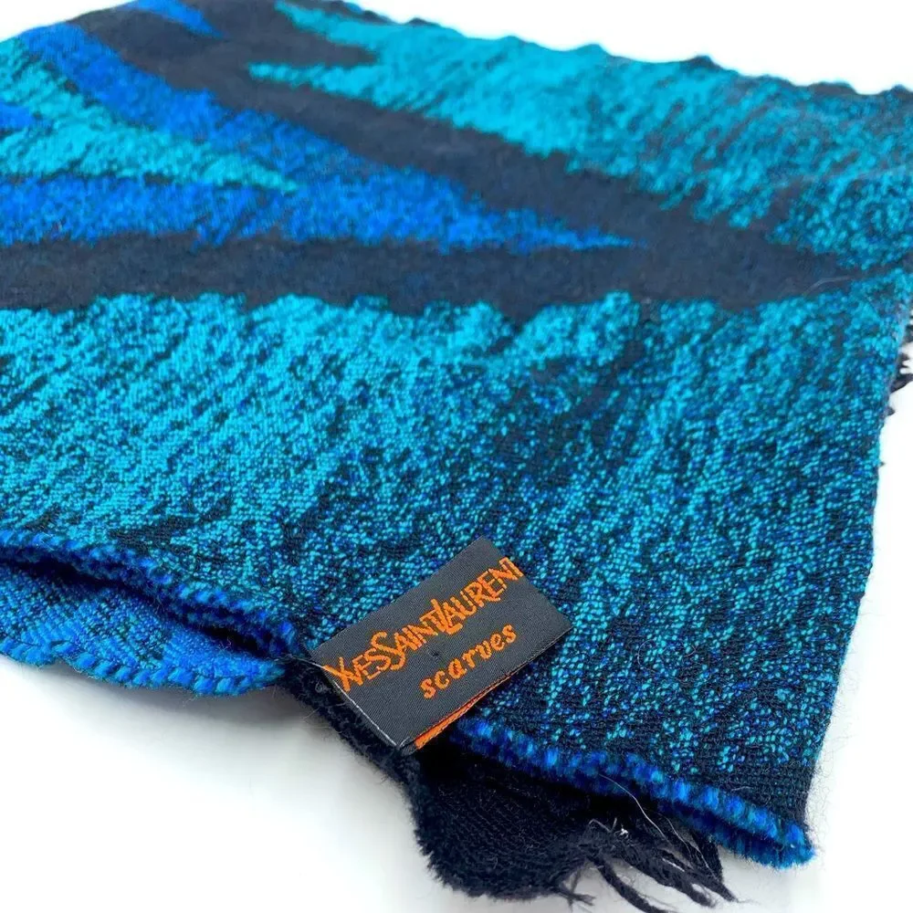 Auth Vtg Blue Green Black Abstract Yves Saint Laurent 70s Shawl Scarf. Pristine